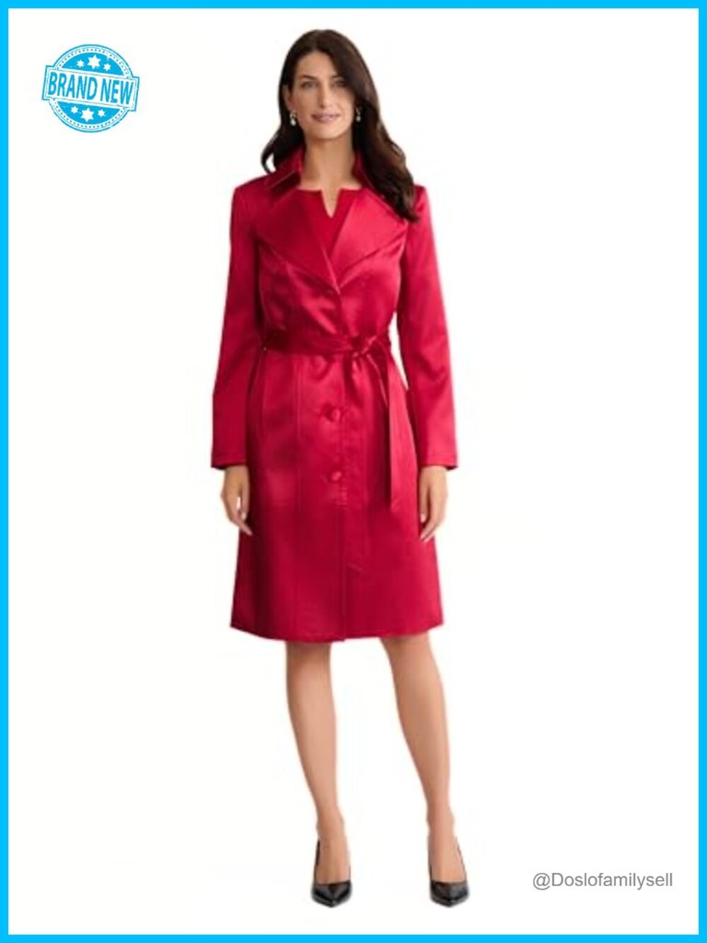 Belted Satin Long Trench Jacket Blazer with Structured Shoulders